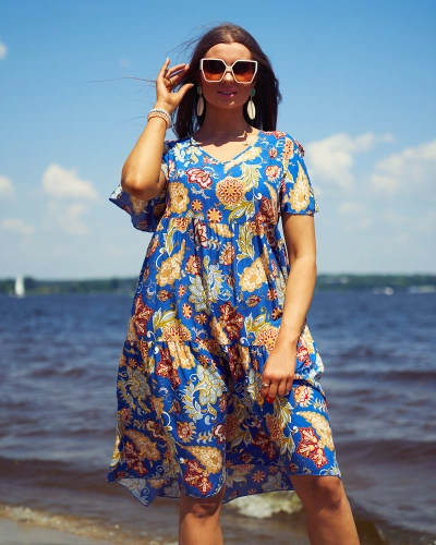 Royalfashion Rochie de damă cobalt cu model floral colorat