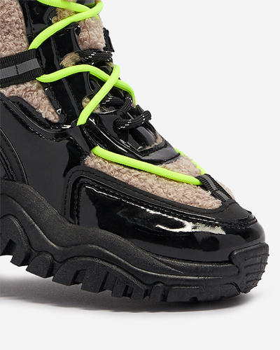 Pantofi sport de damă negri cu blană și șireturi galben neon Adbo- Footwear