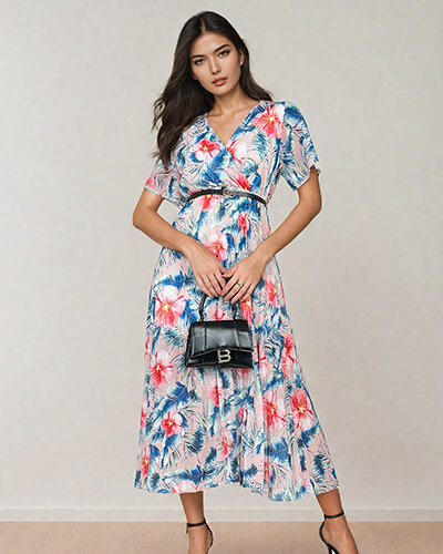 Royalfashion Rochie midi plisată cu motive florale pentru femei