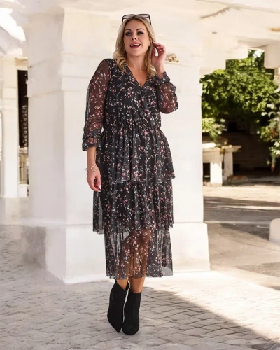 Royalfashion Rochie midi din plasă neagră și roz cu imprimeu