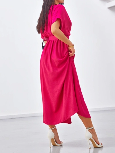 Rochie midi Royalfashion pentru femei cu mâneci scurte, decolteu în V și slit central
