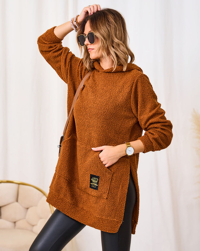 Royalfashion Camel Pulover lung pentru femei cu glugă