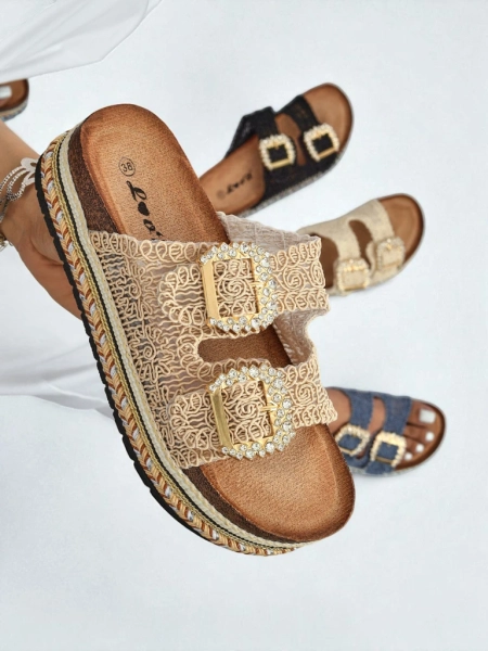 Royalfashion Sandale de damă cu catarame cu pietre GlamCork