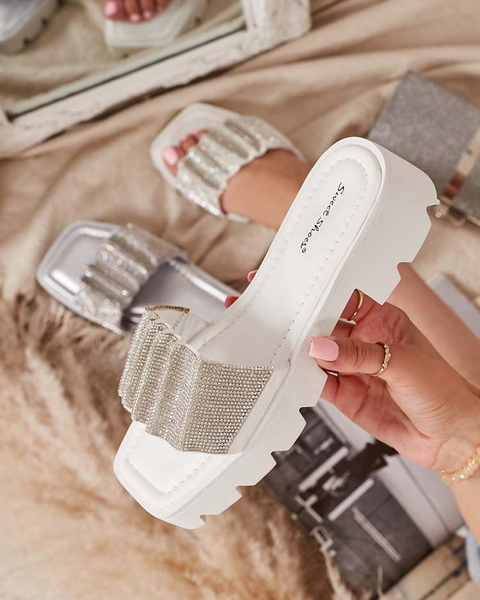 Papuci de dama albi cu zirconiu cubic Emkoy - Incaltaminte