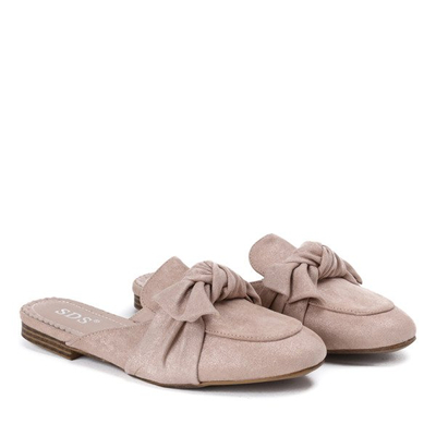 Różowe klapki z eko - zamszu z kokardką Lourdes - Obuwie