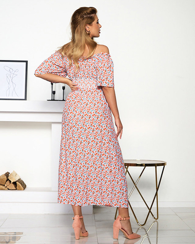Rochie maxi portocaliu și alb cu model floral - Îmbrăcăminte