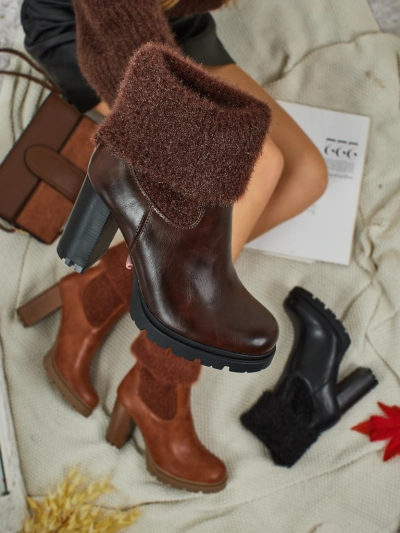 Botine de damă din piele ecologică cu toc gros și tricot Tirave