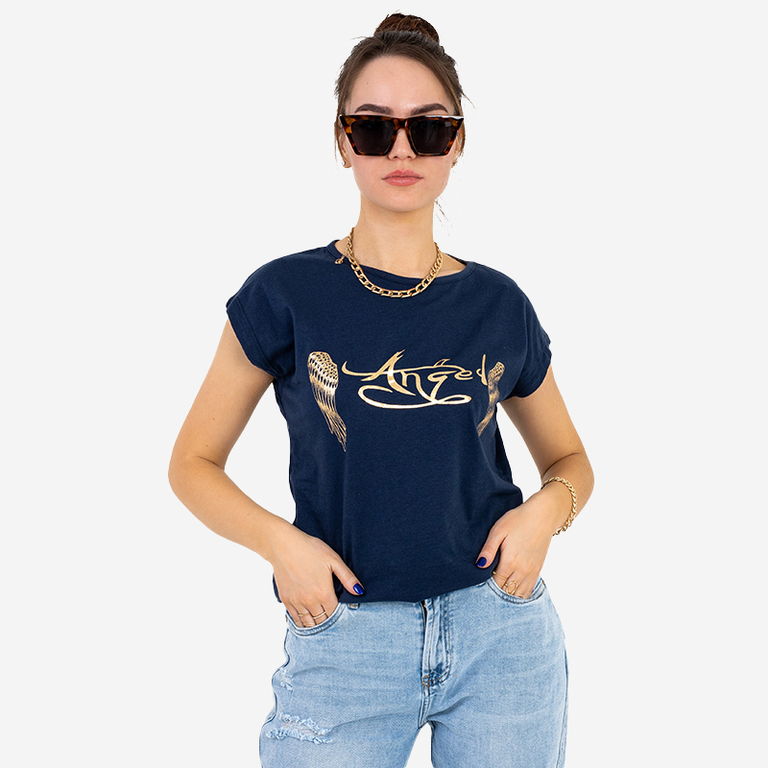 Tricou de damă cu imprimeu auriu și inscripție în culoarea bleumarin - Îmbrăcăminte