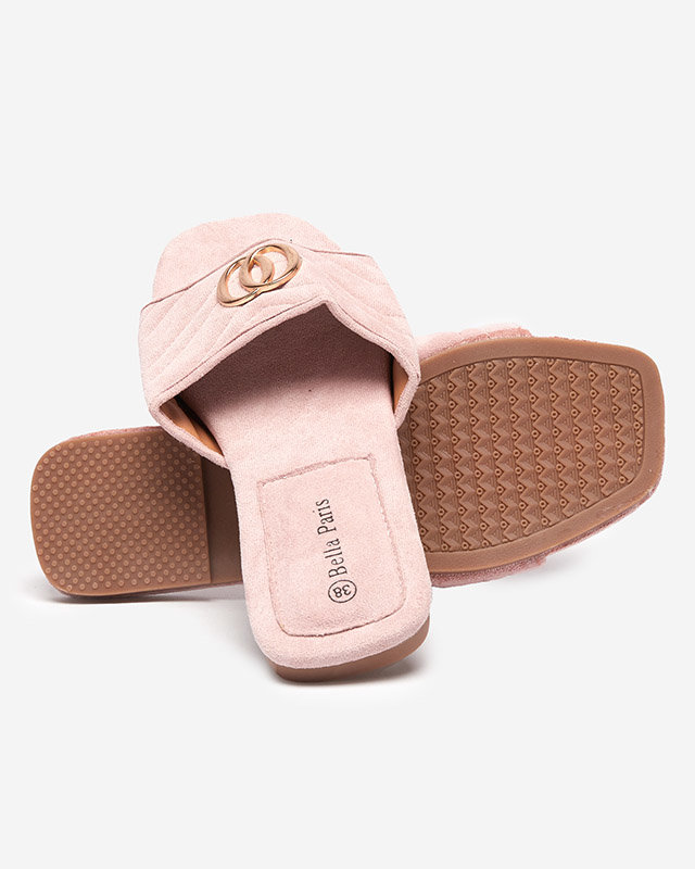 Papuci de damă din piele ecologică roz deschis cu ornament auriu Fanico - Pantofi