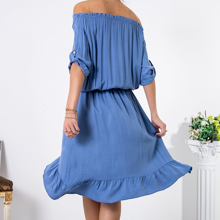 Rochie asimetrică albastră pentru femei a'la spaniolă - Îmbrăcăminte