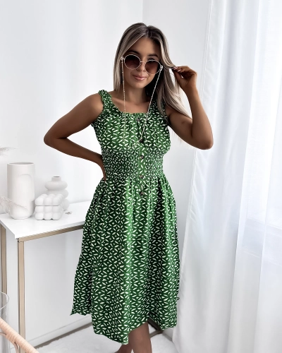 Rochie de damă până la genunchi cu imprimeu în verde închis- Îmbrăcăminte