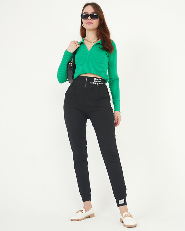 Pantaloni de damă din țesătură neagră cu inscripții decorative - Îmbrăcăminte