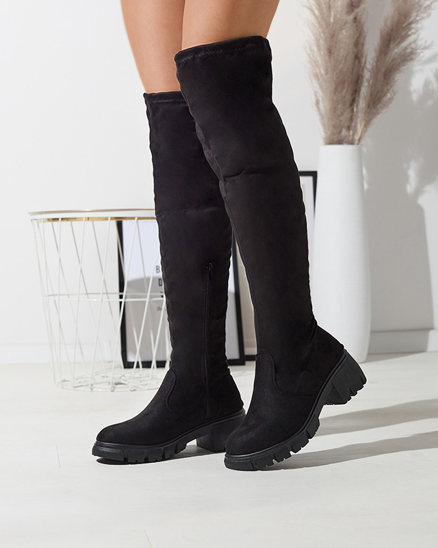 OUTLET Cizme negre de damă până la genunchi, pe post de toc Wersetfa- Footwear