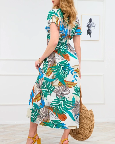 Rochie lungă albă de damă cu model floral colorat - Îmbrăcăminte