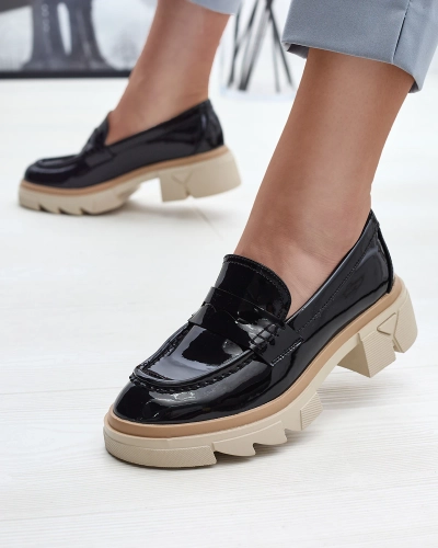 Mocasini negri de damă din piele ecologică din piele lăcuită Sepop- Footwear