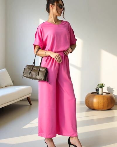 Set casual Royalfashion pentru femei, cu bluză cu mânecă scurtă și pantaloni largi