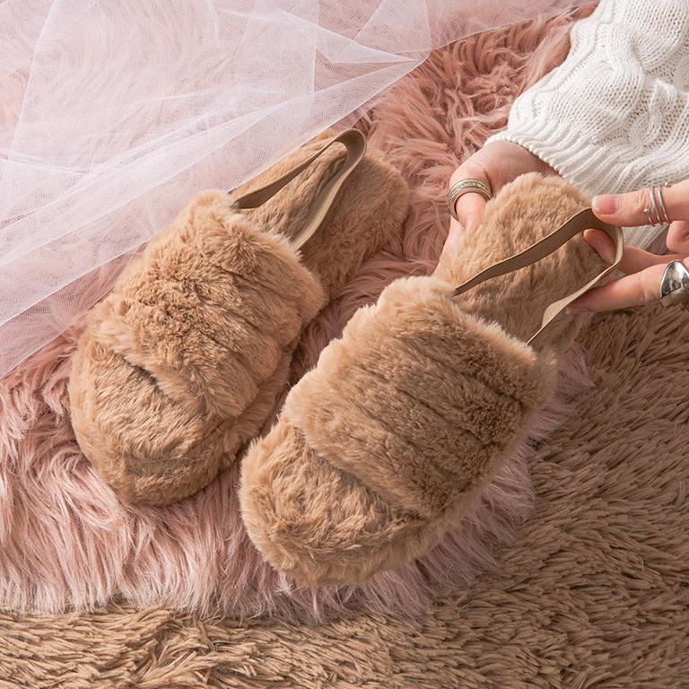 Papuci de blană pentru femeie, maro deschis, pentru bărbați