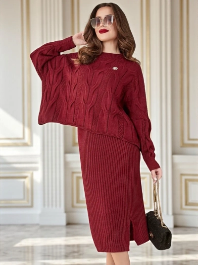 Set de femei din acrilă împletită Royalfashion cu pulover și fustă Warm&Fuzzy