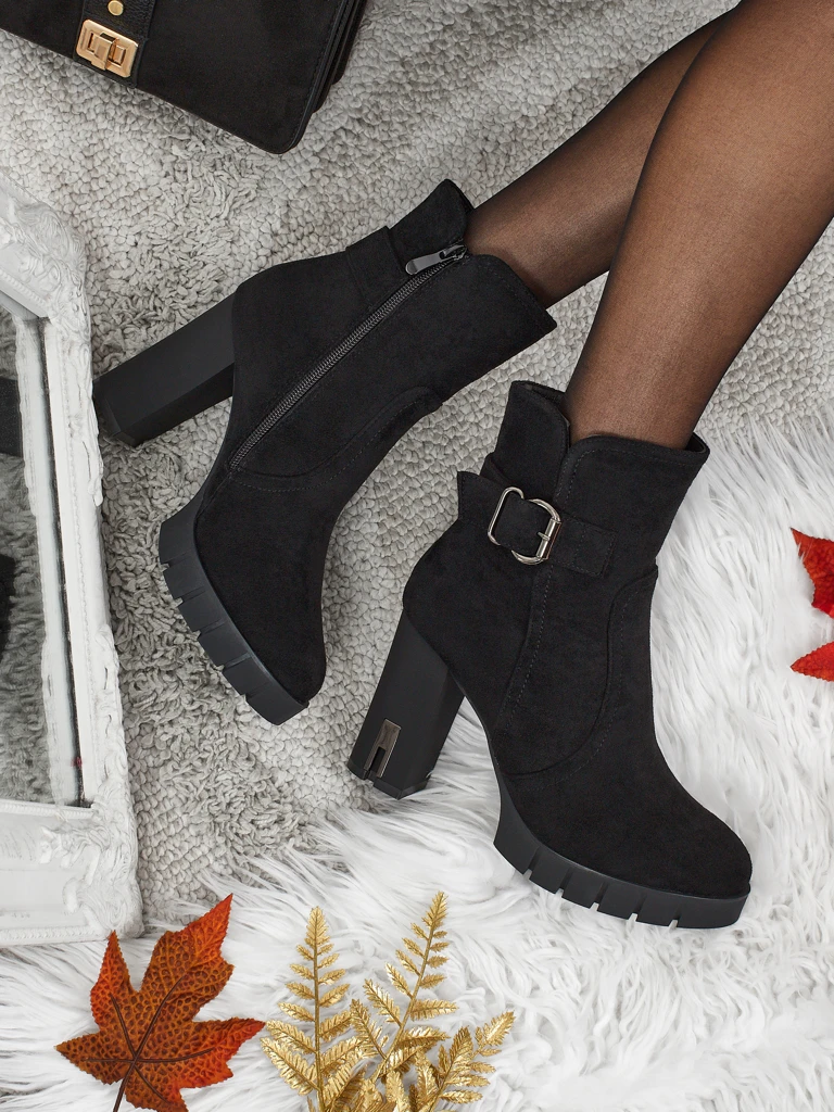 Botine de damă eco piele întoarsă cu toc gros Liravie