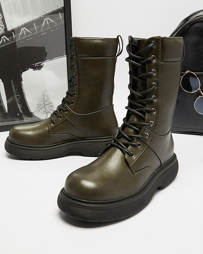 Cizme înalte de damă cu șireturi Ferisis de culoare verde închis - Încălțăminte