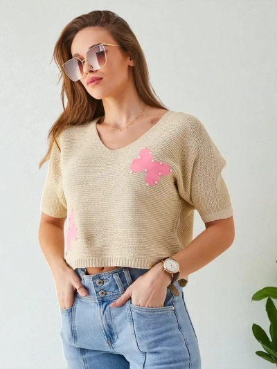 Royalfashion Pulover scurt din bumbac pentru femei cu fluturi