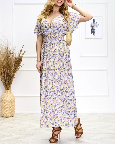 Rochie midi cu motive florale pentru femei, de culoare violet-verde - Pantofi