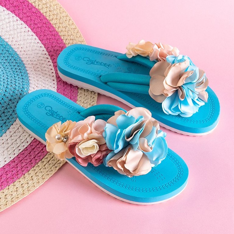 Flip-flops albastre cu flori decorative Flores - Încălțăminte