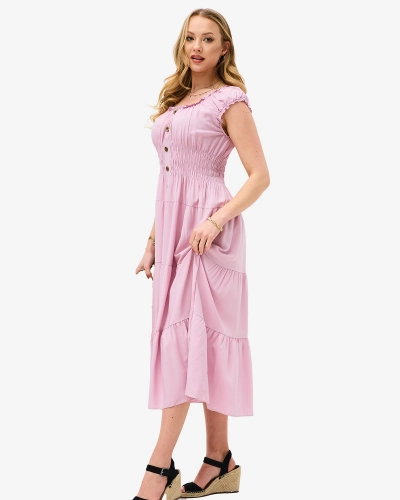 Rochie de damă lungă fără bretele mov, cu nasturi decorativi- Îmbrăcăminte