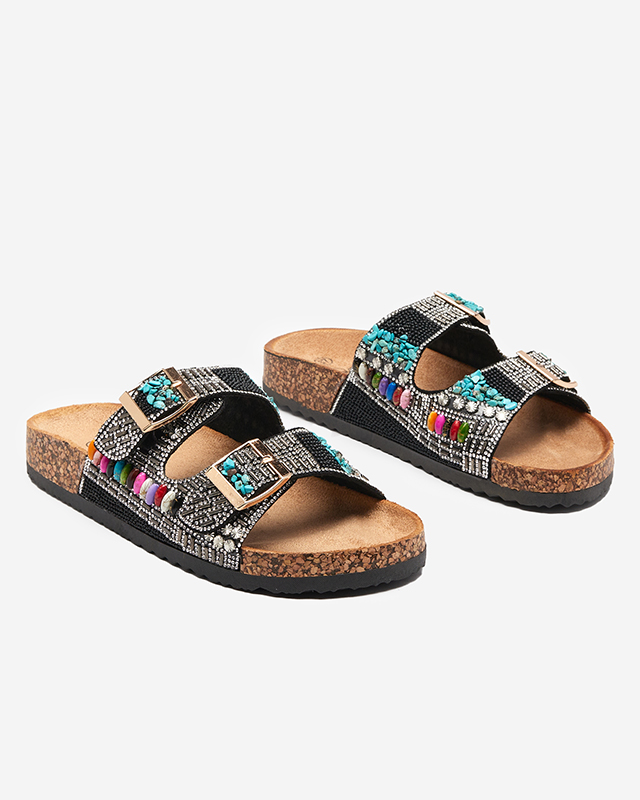 Papuci de dama negri cu pietre colorate Dusana - Incaltaminte