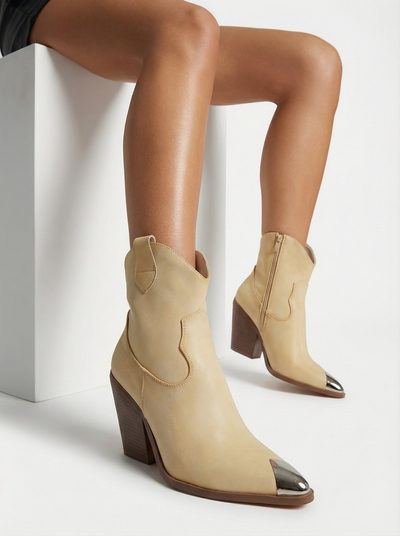 Botine cowboy de damă cu toc și vârf decorativ Fang Glacier