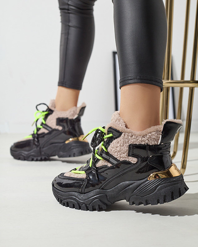 Pantofi sport de damă negri cu blană și șireturi galben neon Adbo- Footwear