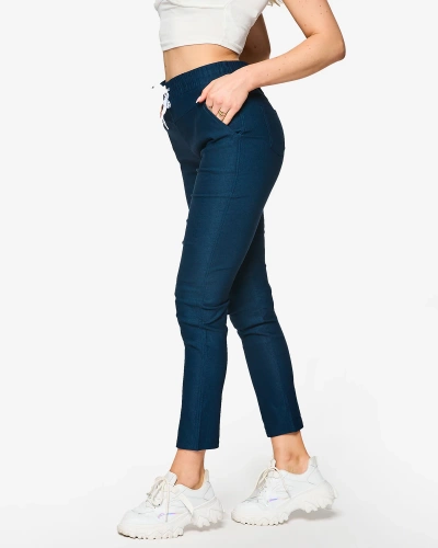 Pantaloni drepți de damă din stofă de culoare albastru marin PLUS SIZE- Îmbrăcăminte