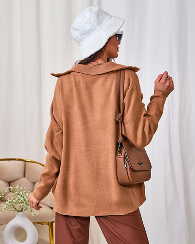 Royalfashion Pulover de damă maro închis cu guler descheiat