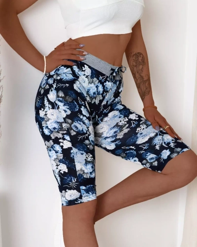 Pantaloni scurți 3/4 de damă albaștri cu model floral - Îmbrăcăminte