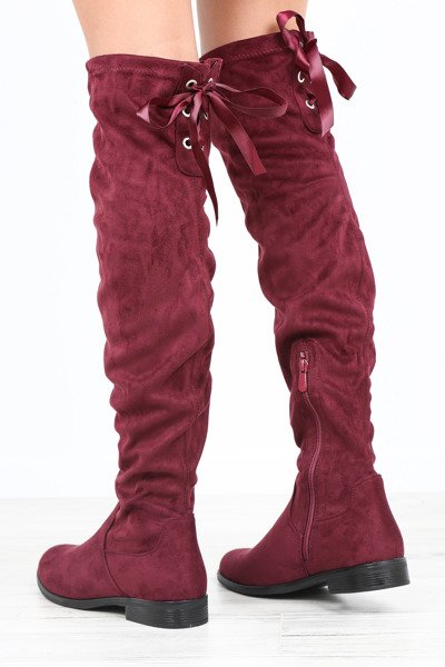 Bordowe kozaki na płaskim obcasie Kalina- Obuwie