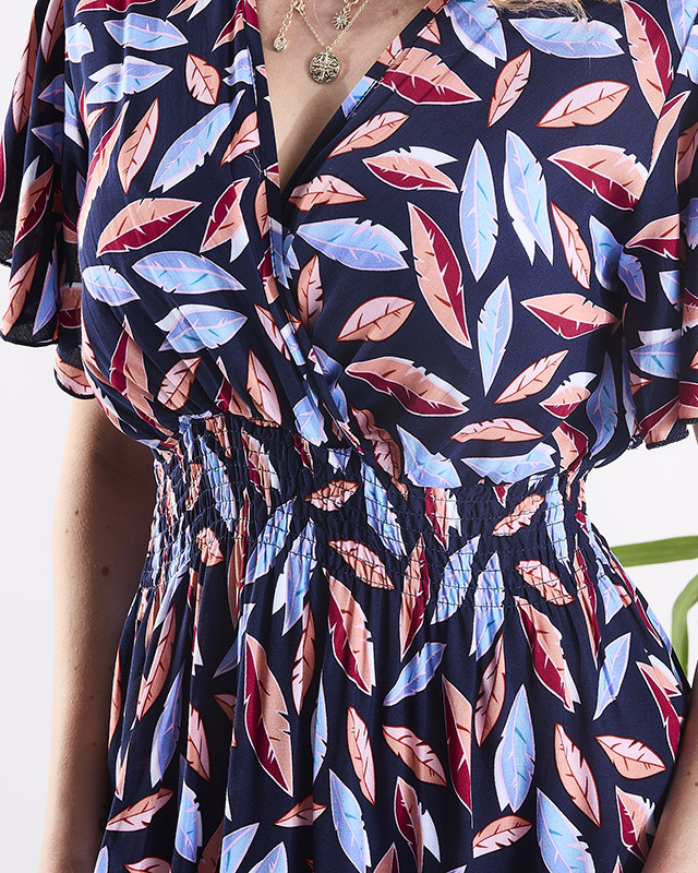 Rochie lungă cu pene de culoare albastru marin pentru femei - Îmbrăcăminte