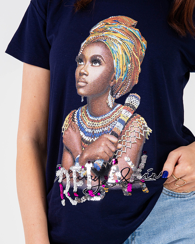 Tricou dama bleumarin cu imprimeu colorat si paiete - Imbracaminte