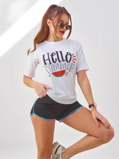 Set sportiv Royalfashion pentru femei cu tricou și pantaloni scurți Hello Summer