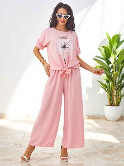 Royalfashion Set casual pentru femei, cu bluză cu mânecă scurtă și pantaloni largi