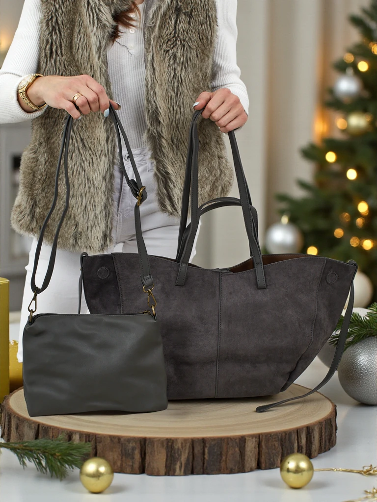 Geantă de damă shopper eco din piele întoarsă cu o geantă mai mică din piele eco inclusă, set 2 în 1 Elinea