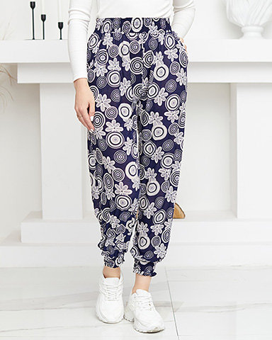 Pantaloni de damă bleumarin și alb cu imprimeu PLUS SIZE - Îmbrăcăminte