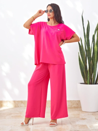 Royalfashion Set femei cu mâneci scurte, floare decorativă și pantaloni largi