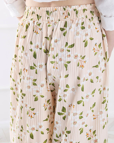 Pantaloni din țesătură florală bej pentru femei - Îmbrăcăminte