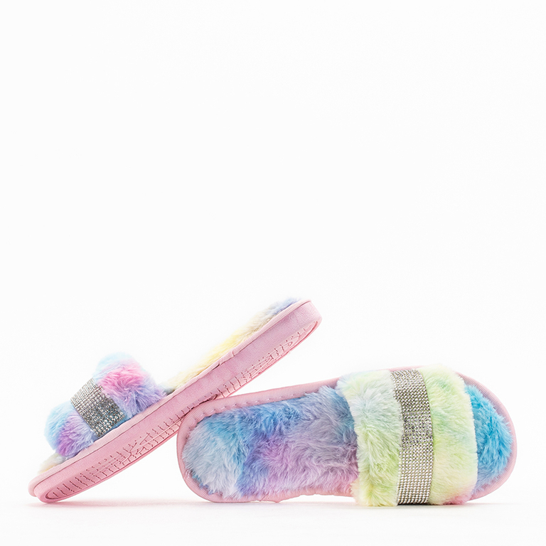 Papuci de dama multicolori din blana cu zirconiu cubic Tiko - Incaltaminte