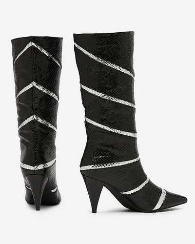 Cizme negre și argintii cu toc stiletto de damă cu dungi în relief Felifea- Footwear