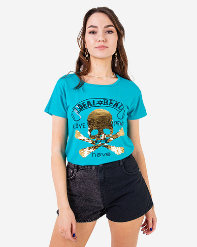 Tricou damă albastru din paiete cu inscripții - Îmbrăcăminte