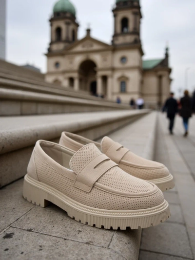 Loafers de damă Callista bej, piele ecologică, toc plat 4 cm