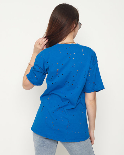 Tricou de damă din bumbac cobalt cu găuri decorative - Îmbrăcăminte