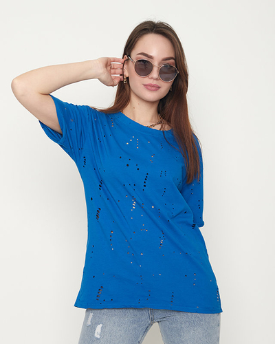 Tricou de damă din bumbac cobalt cu găuri decorative - Îmbrăcăminte