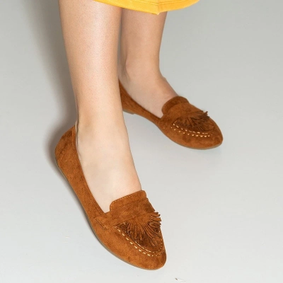 OUTLET Mocasini de damă ecologică de culoare camel cu franjuri Daiane - Încălțăminte